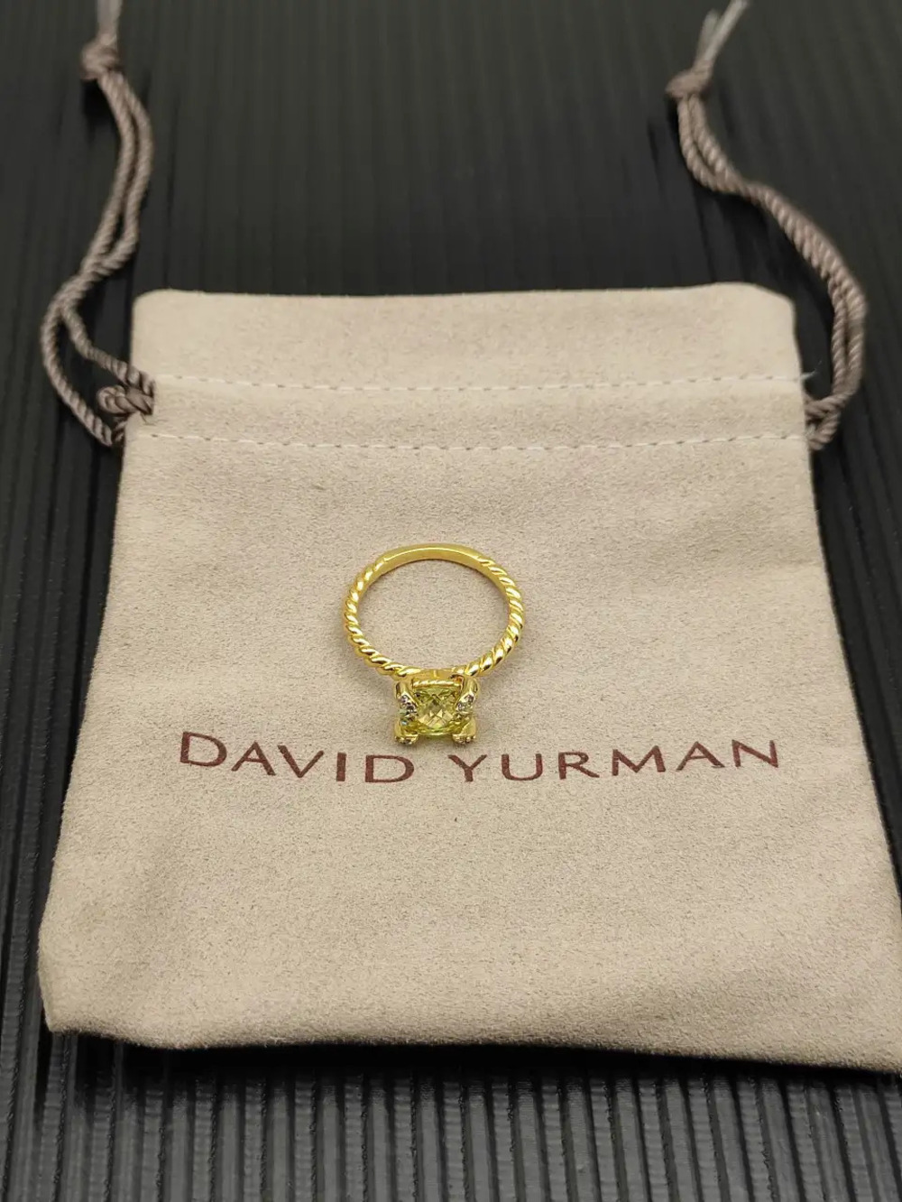 David Yurman Gold Ring with Green Diamond Center Prong